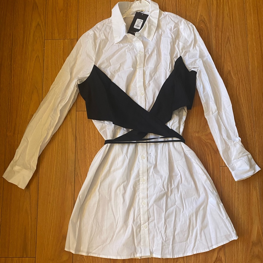 Shirt dress with black criss cross details